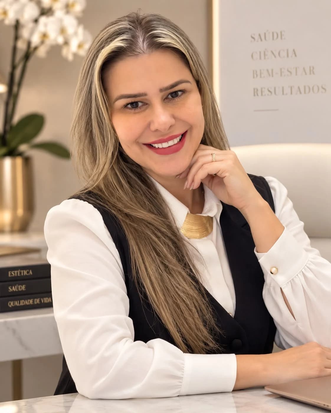 Dra. Gláucia Messa sorrindo, de camisa branca e colete preto, à mesa do consultório